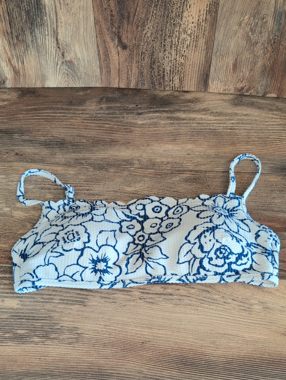aerie Blue and White Floral Textured Bralette Padded Bikini Top L    F307